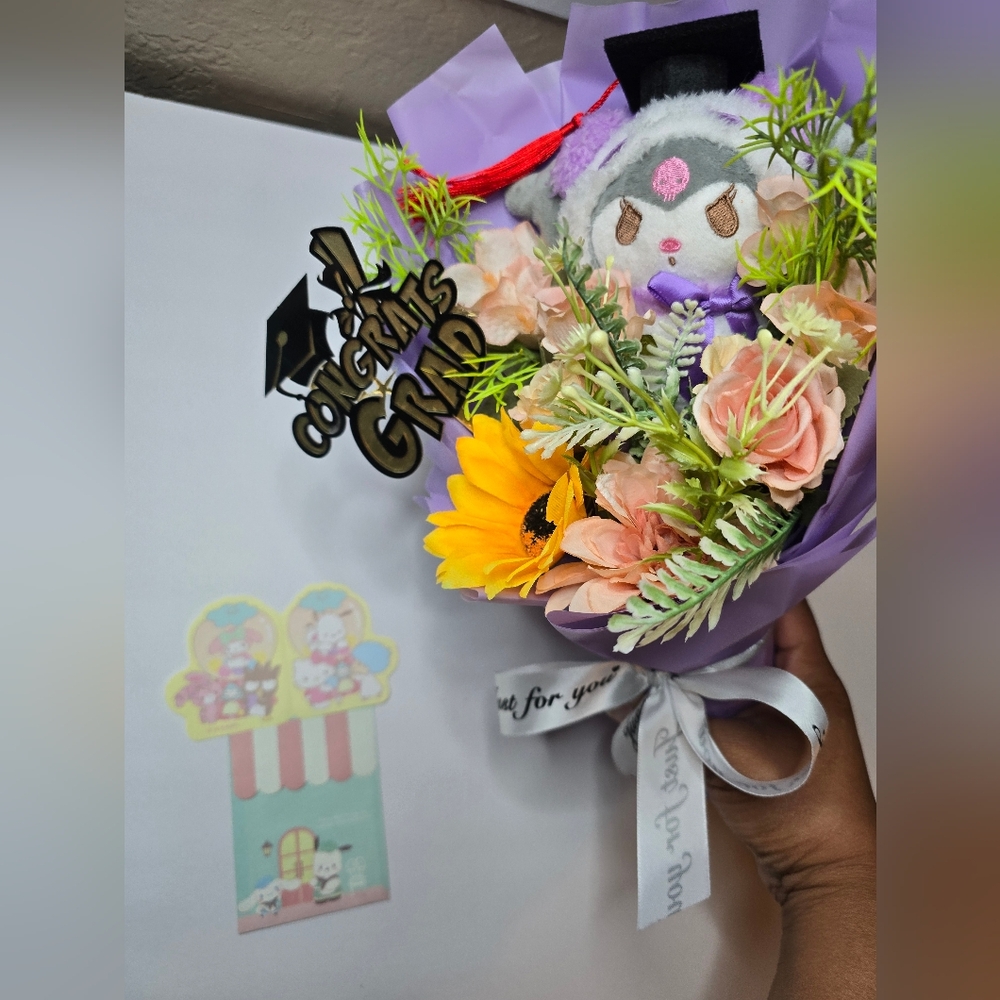 Kuromi Plush And Artificial Flowers Graduation Bouquet